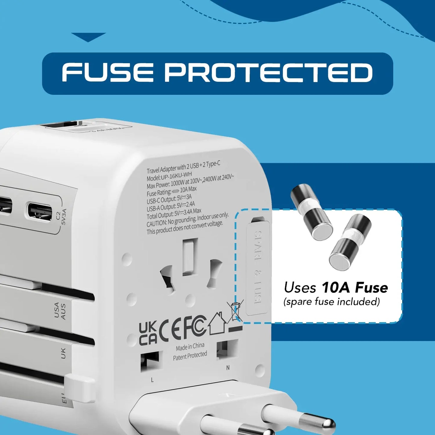 5 in 1 Universal Travel Adapter - 2 USB-A + USB-C - Max. 17W (3.4A) - White (UP-16KU-WH)
