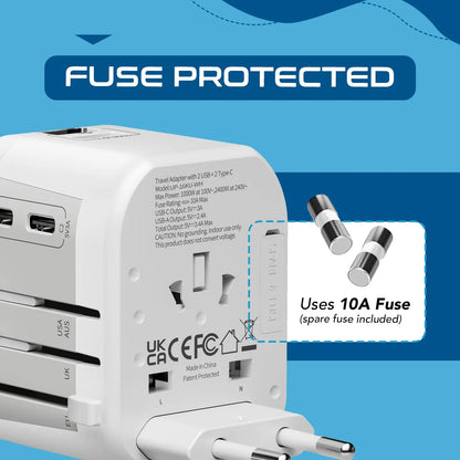 5 in 1 Universal Travel Adapter - 2 USB-A + USB-C - Max. 17W (3.4A) - White (UP-16KU-WH)