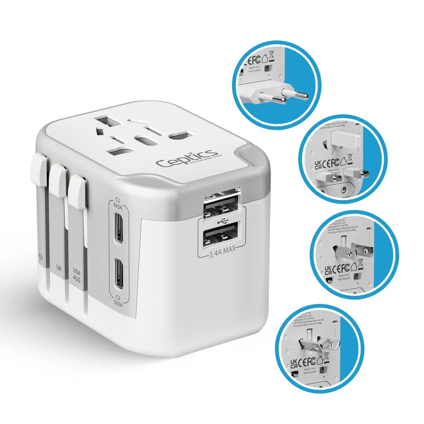 5 in 1 Universal Travel Adapter - 2 USB-A + USB-C - Max. 17W (3.4A) - White (UP-16KU-WH)