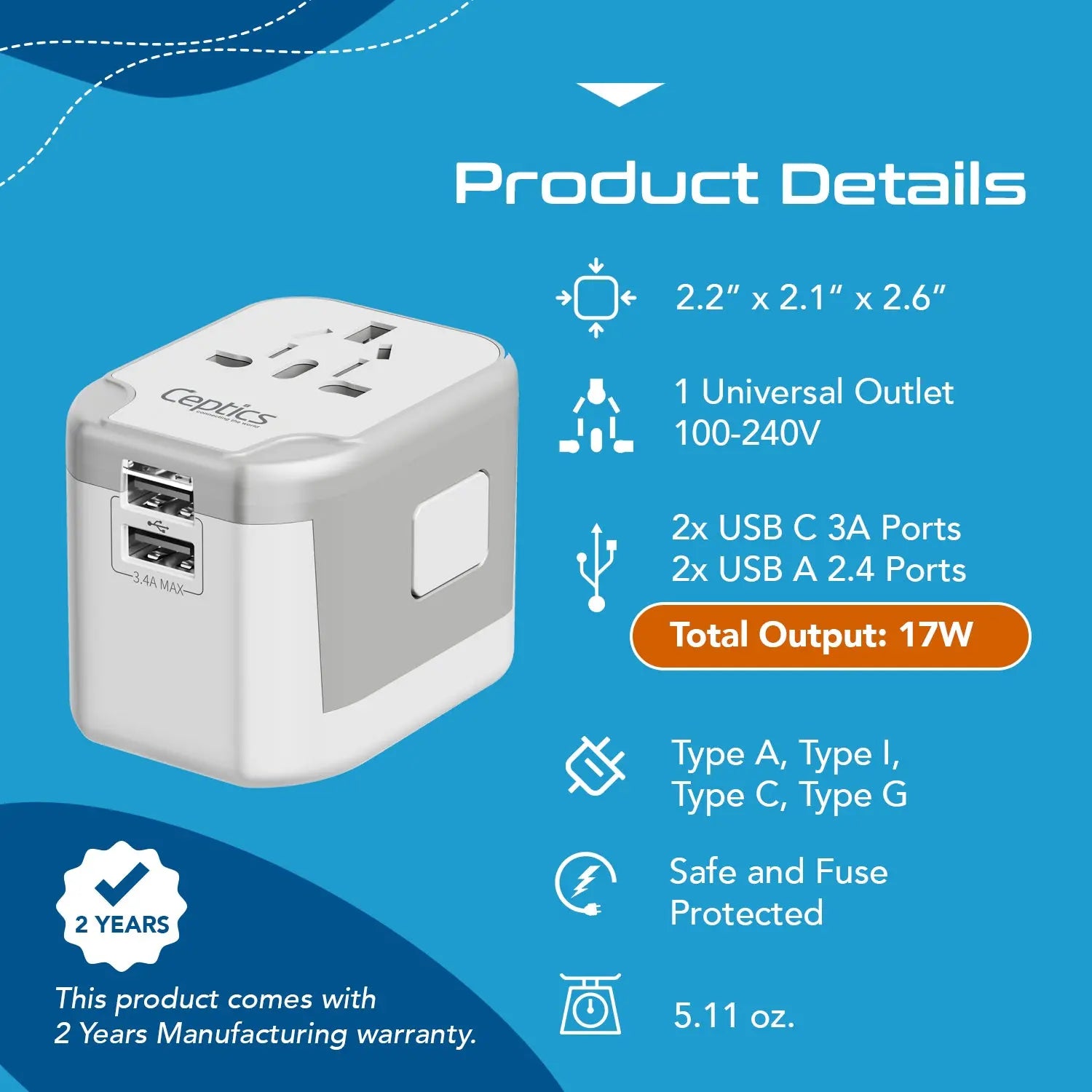 5 in 1 Universal Travel Adapter - 2 USB-A + USB-C - Max. 17W (3.4A) - White (UP-16KU-WH)